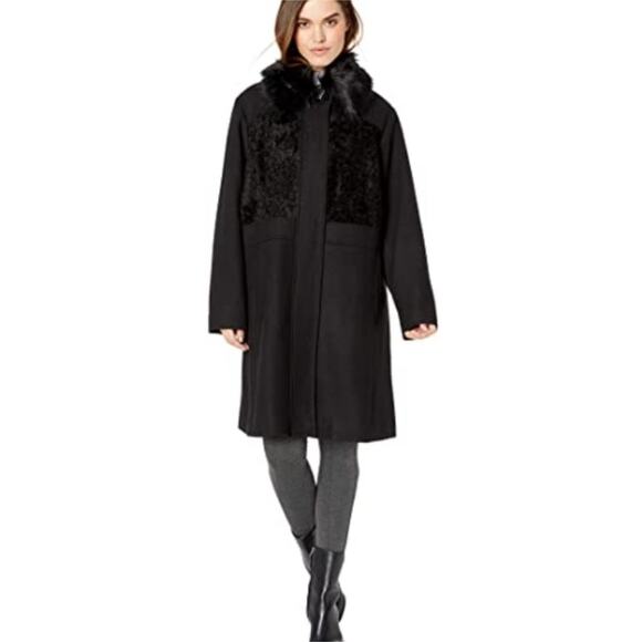 NWOT Rachel Roy Women’s Faux Fur Trim Pea Trench Length Coat Black Size Large - Picture 1 of 11